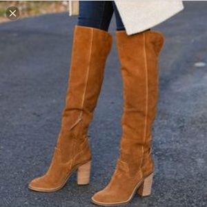 Tan, suede over the knee boots with chunky heel